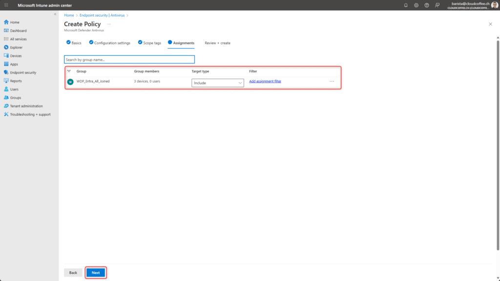 Microsoft Intune – Configure assignments for Endpoint Security Antivirus policy