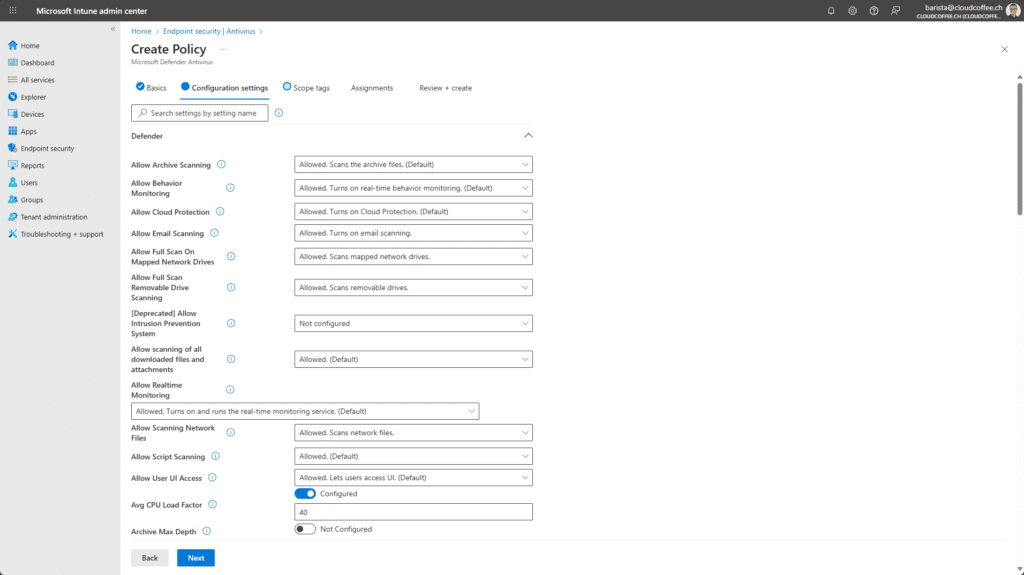 Microsoft Intune – Configure settings for Endpoint Security Antivirus policy