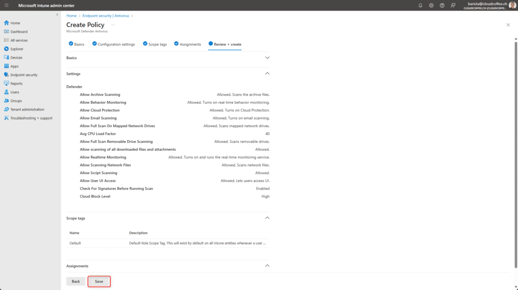 Microsoft Intune – Review and create Endpoint Security Antivirus policy