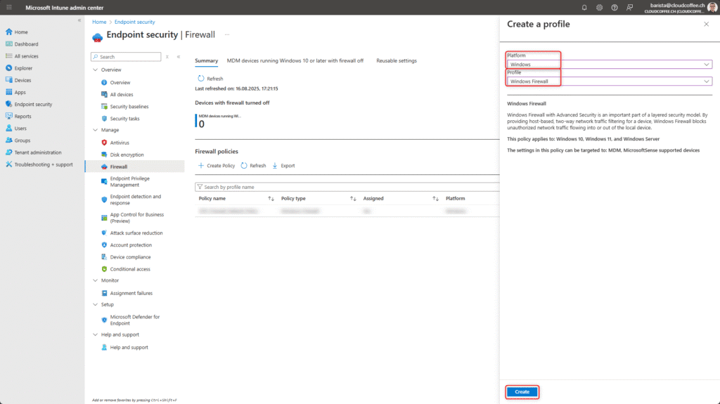 Microsoft Intune – Select profile for Endpoint Security Firewall policy