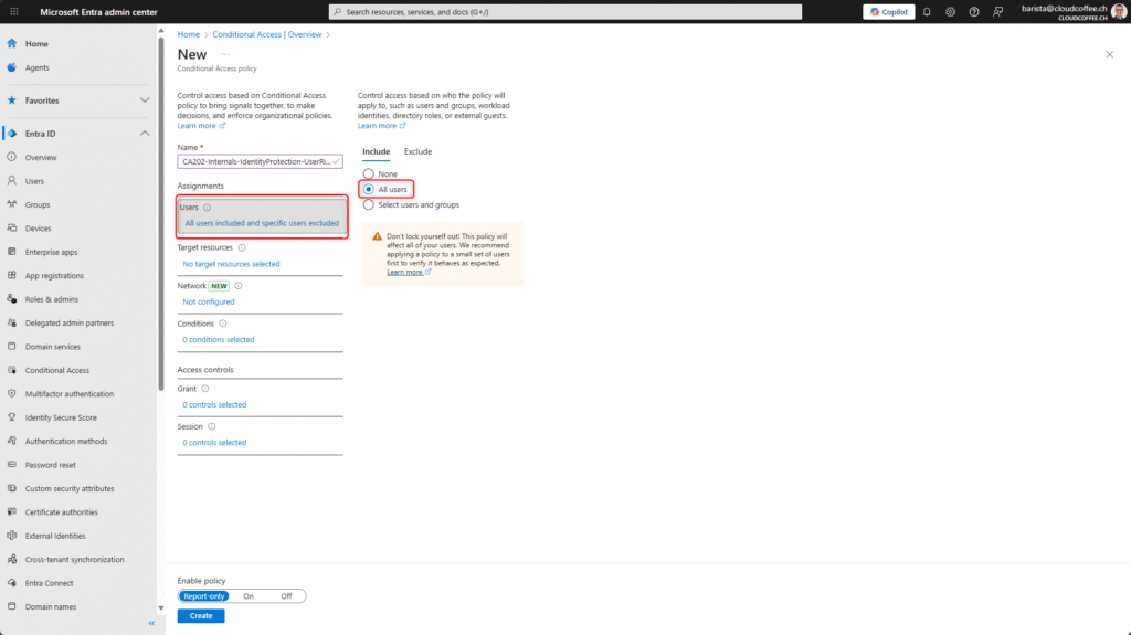 Assign users to a new Conditional Access policy in Microsoft Entra, with “All users” option selected