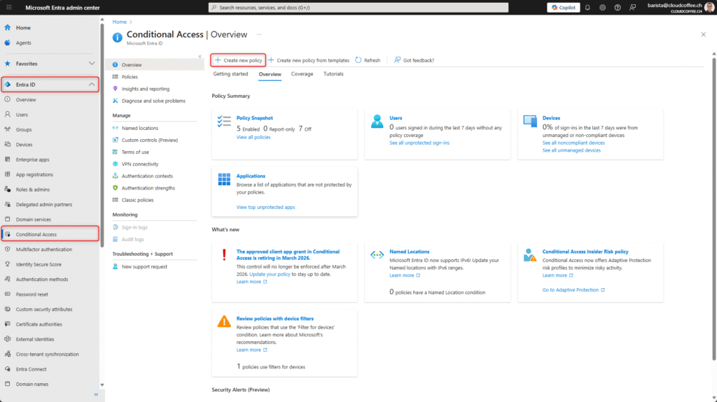 Microsoft Entra Conditional Access overview with option to create new policy