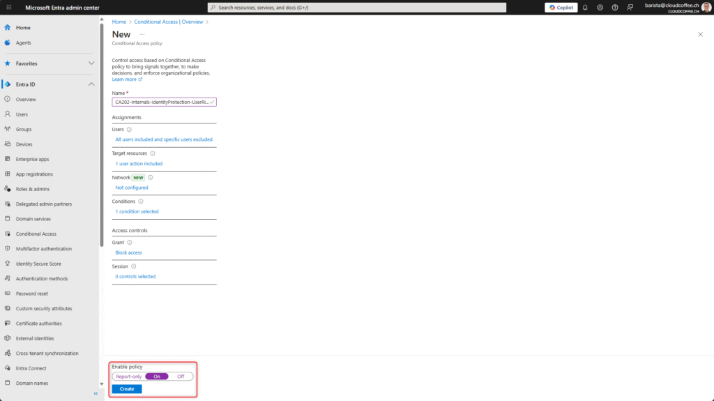 Final step in Microsoft Entra Conditional Access policy creation with option to enable policy and create