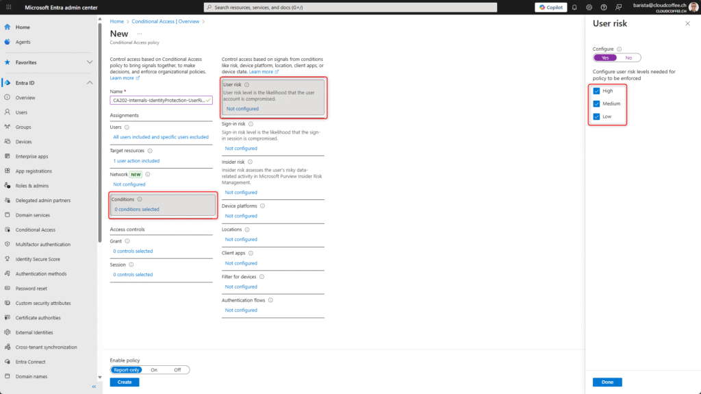 Configure user risk condition in Microsoft Entra Conditional Access with High, Medium, and Low levels selected