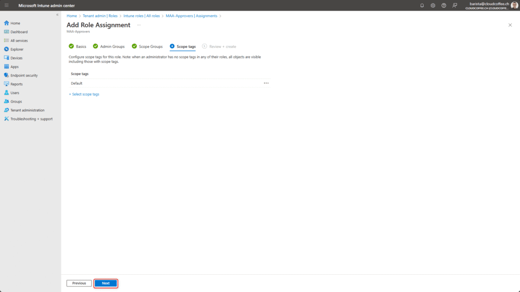 Configure scope tags for Multi-Admin Approval role assignment in Intune
