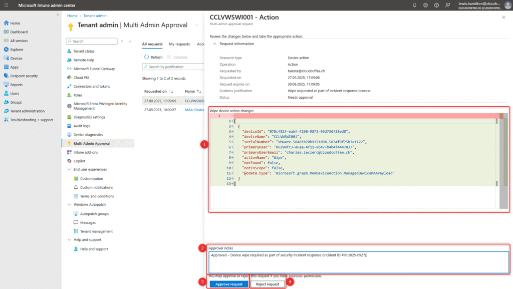 Approve device wipe request in Multi-Admin Approval – Intune