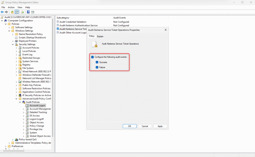 Configure Audit Kerberos Service Ticket Operations for Success and FailureConfigure Audit Kerberos Service Ticket Operations for Success and Failure