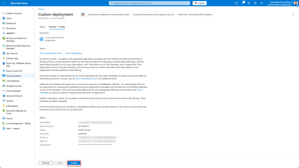 Final confirmation before creating the WatchTra deployment in Azure