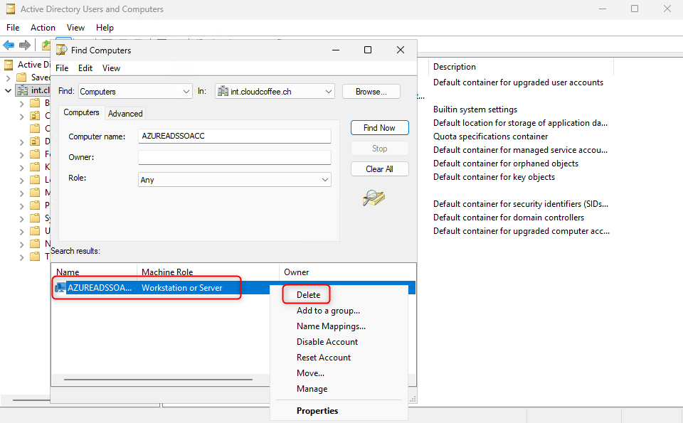 Delete AZUREADSSOACC computer account in Active Directory