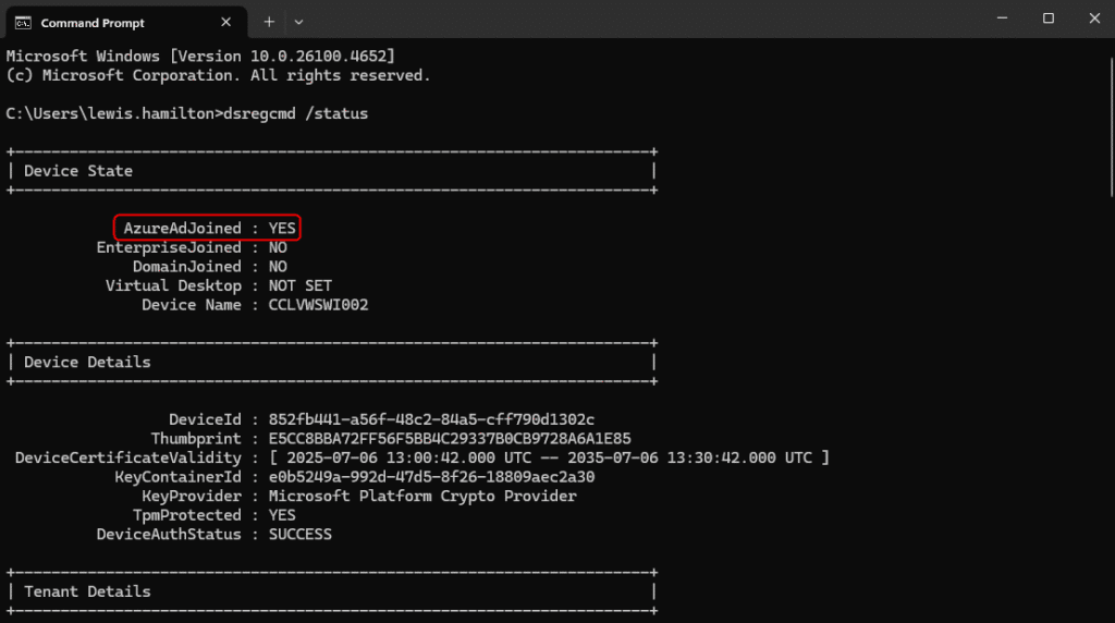 Check Entra Join status with dsregcmd