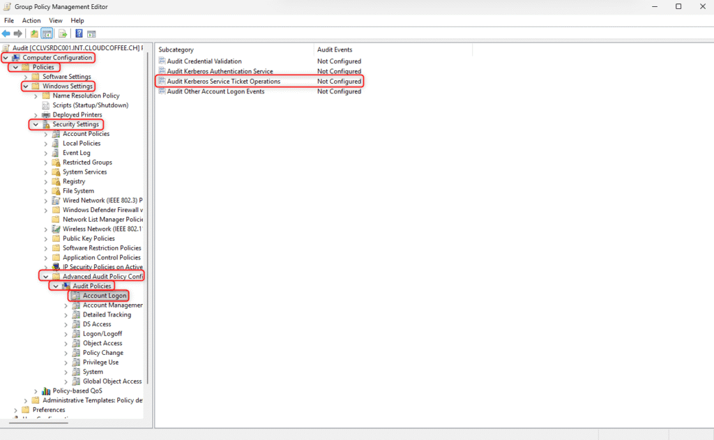 Group Policy Management Editor – Audit Kerberos Service Ticket Operations