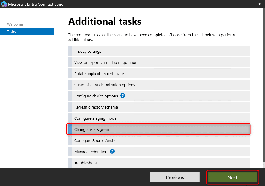 Microsoft Entra Connect Sync – Change user sign-in task