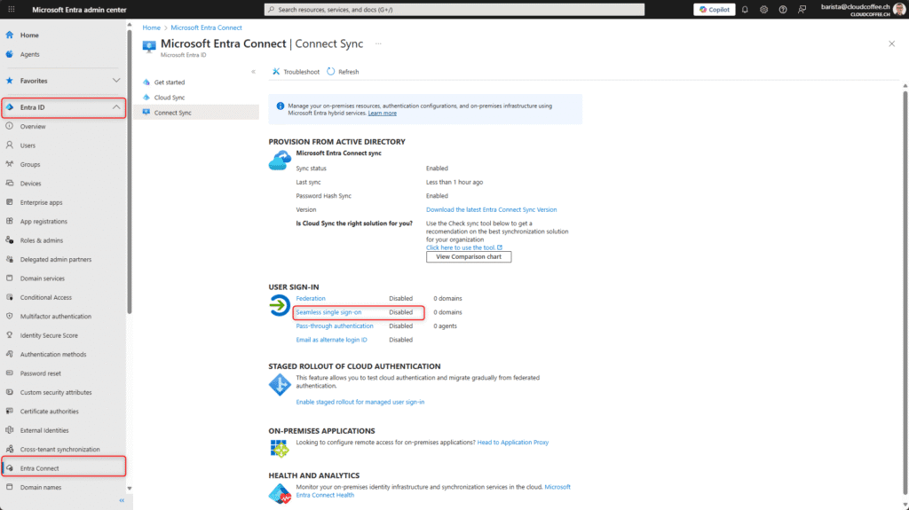 Microsoft Entra Connect Sync – Seamless Single Sign-On disabled