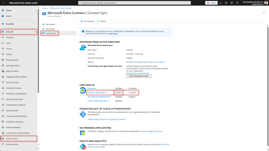 Microsoft Entra Connect Sync with Seamless Single Sign-On enabled