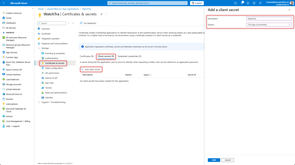 Add a client secret for the WatchTra app in Microsoft Entra ID