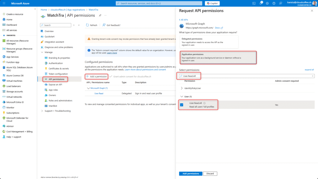 Add Microsoft Graph API permission User.Read.All for the WatchTra app