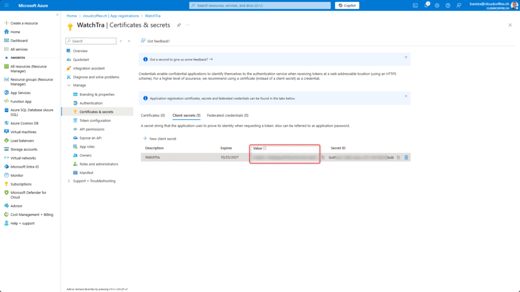 View client secret value for the WatchTra app in Microsoft Entra ID