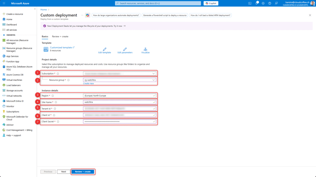 Custom deployment of the WatchTra solution in Azure using a customized ARM template