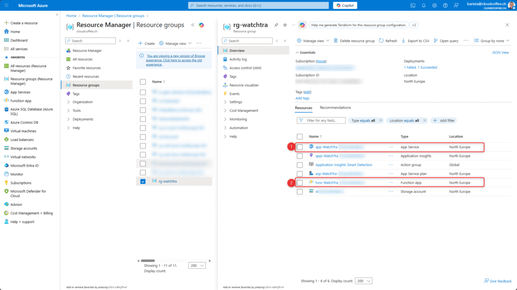 WatchTra App Service and Function App in Azure