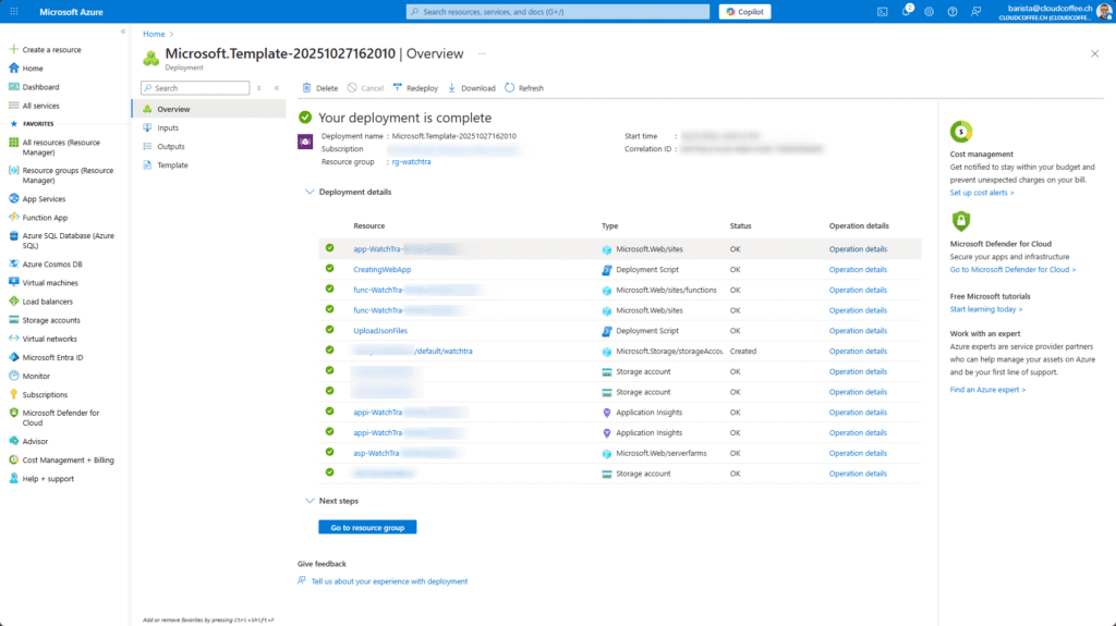 Overview of all Azure resources deployed by the WatchTra template