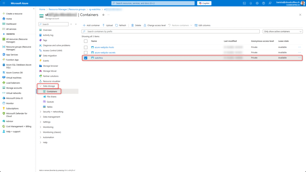 Azure Storage Account container for WatchTra