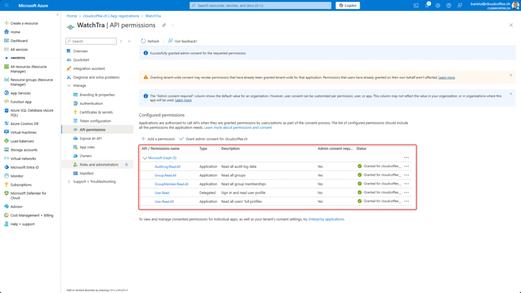 Granted Microsoft Graph API permissions for the WatchTra app in Microsoft Entra ID