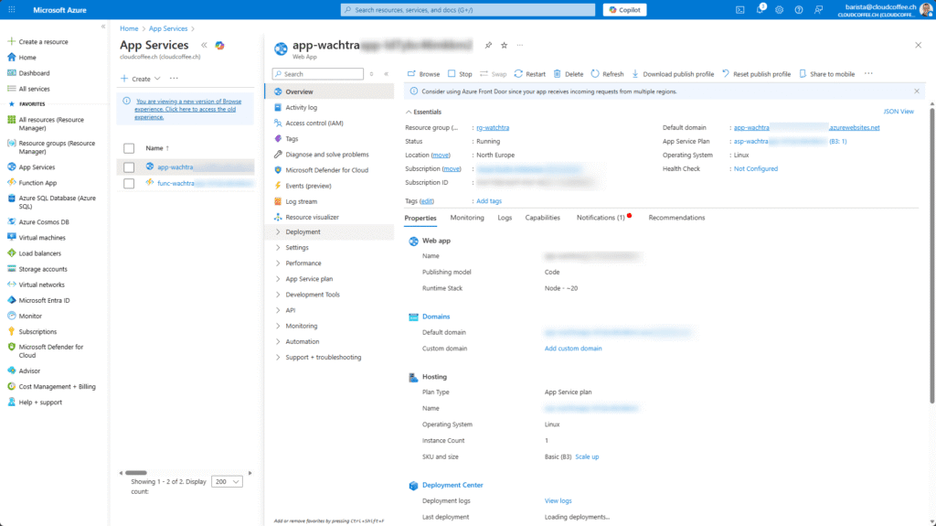 Azure App Service overview of the WatchTra web application