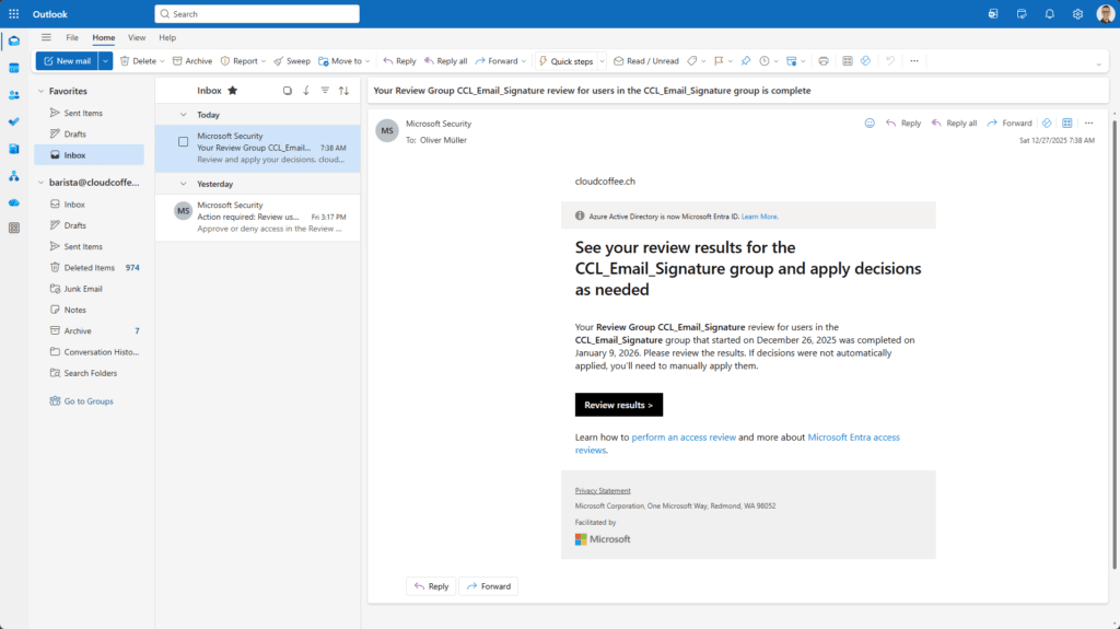Microsoft Entra ID access review completion email in Outlook confirming review results for a group and next actions