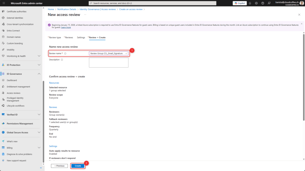 Final confirmation and creation of an access review in Microsoft Entra ID Governance