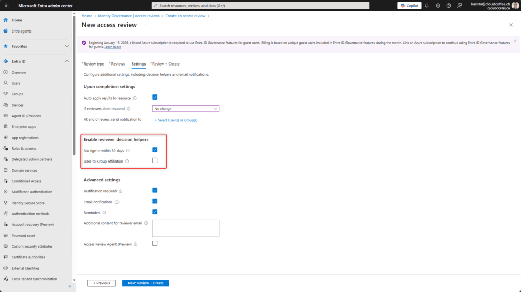 Reviewer decision helper options in Microsoft Entra ID access reviews