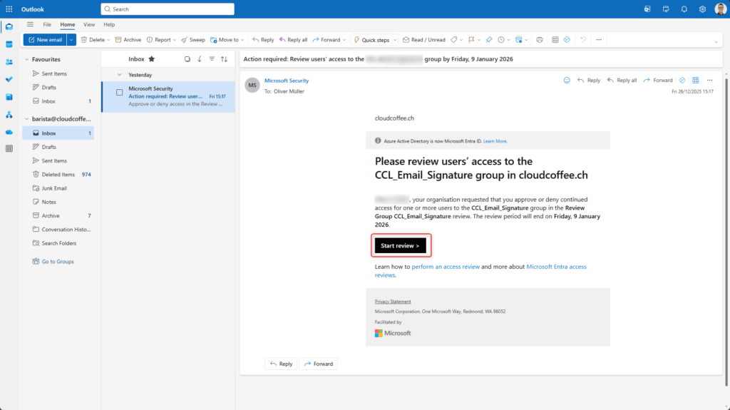 Microsoft Entra ID access review notification email prompting a reviewer to approve or deny user access