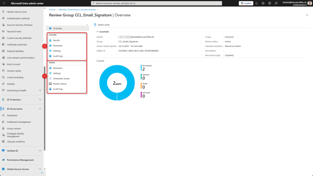 Overview of an active access review in Microsoft Entra ID Governance showing review results, reviewers, and audit options