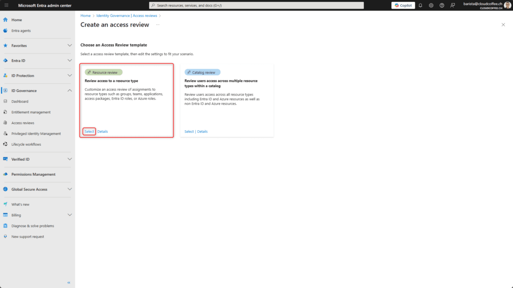 Access review template selection in Microsoft Entra ID Governance