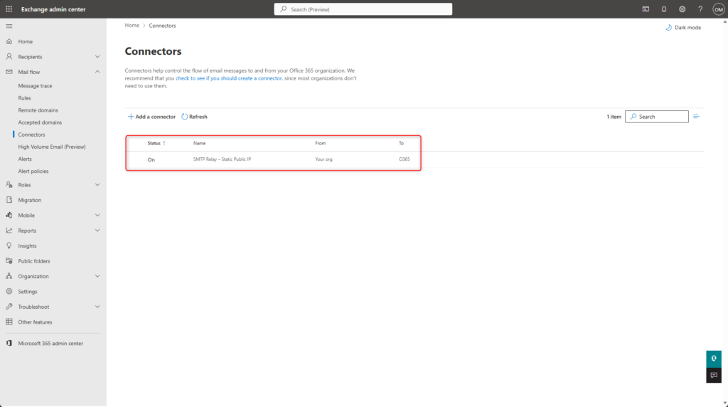 Exchange Online SMTP relay connector successfully created and enabled in the Exchange admin centre