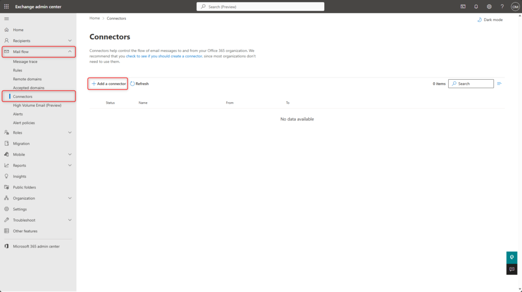 Exchange Online SMTP relay connector configuration in the Mail flow connectors section of the Exchange admin centre