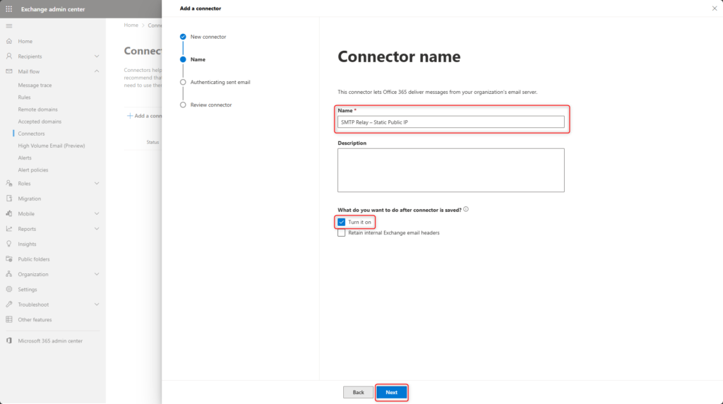 Configuring the connector name for an Exchange Online SMTP relay connector in the Exchange admin centre
