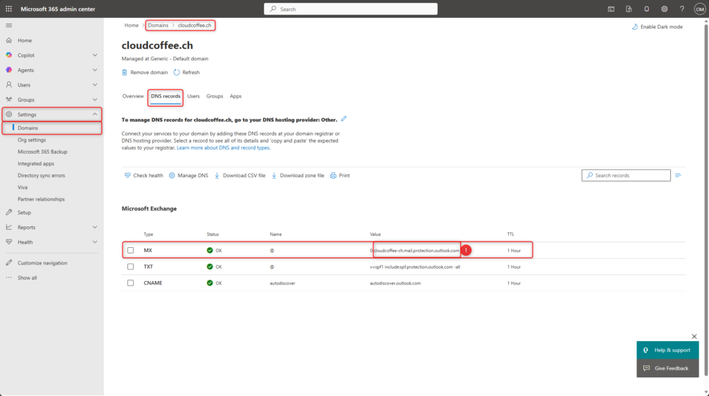 Viewing the MX record of a domain in Microsoft 365 admin centre to configure Exchange Online SMTP relay