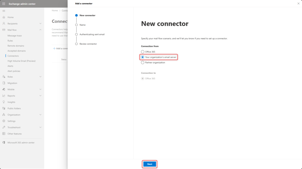 Creating a new Exchange Online SMTP relay connector by selecting Your organisation's email server in the Exchange admin centre
