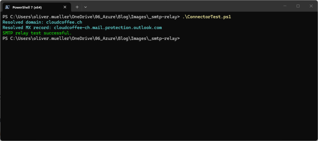 PowerShell test script successfully sending email using Exchange Online SMTP relay connector and resolved MX record