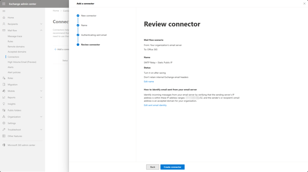 Reviewing the Exchange Online SMTP relay connector configuration before creating the connector in the Exchange admin centre