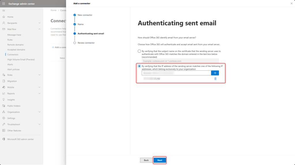 Configuring IP address authentication for an Exchange Online SMTP relay connector using a static public IP address