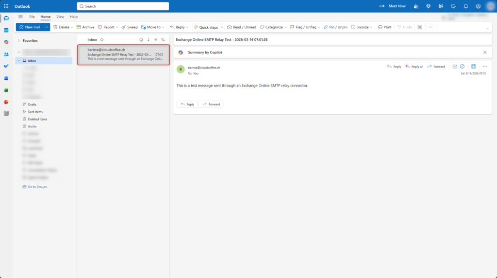 Test email received in Outlook after sending through Exchange Online SMTP relay connector