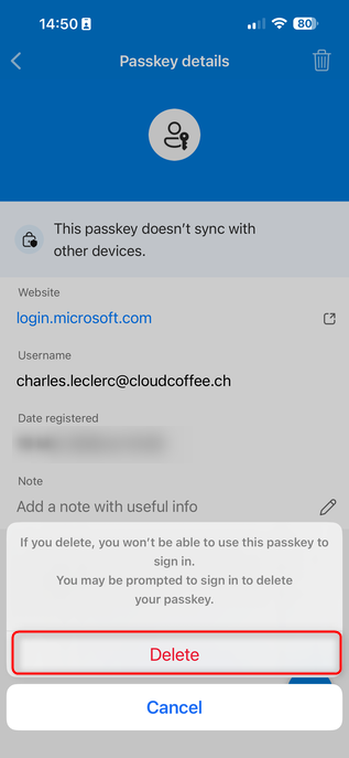 Microsoft Authenticator confirmation dialog to delete passkey used for Microsoft Entra authentication