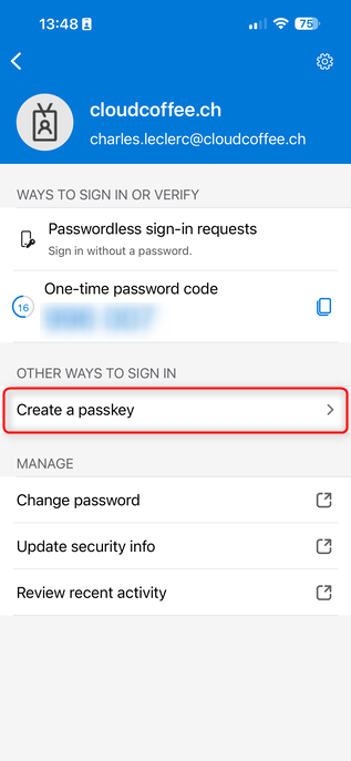 Microsoft Authenticator showing create passkey option for Microsoft Entra passkey registration