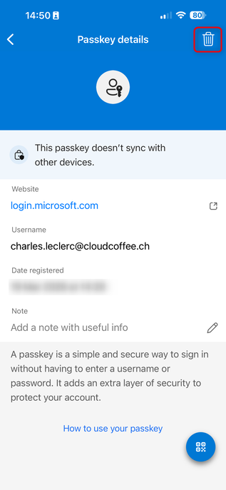 Microsoft Authenticator showing passkey details with option to delete passkey used for Microsoft Entra sign in