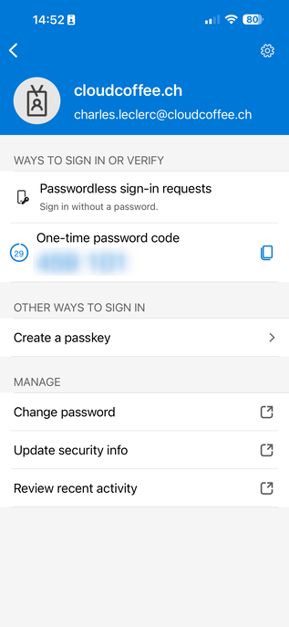 Microsoft Authenticator account screen showing passkey management for Microsoft Entra sign in