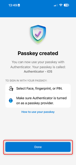 Microsoft Authenticator showing passkey created confirmation for Microsoft Entra passwordless sign in