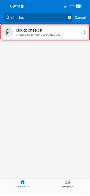 Microsoft Authenticator showing account selection before creating a passkey for Microsoft Entra sign in