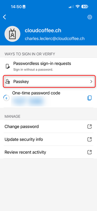 Microsoft Authenticator showing passkey settings for Microsoft Entra account