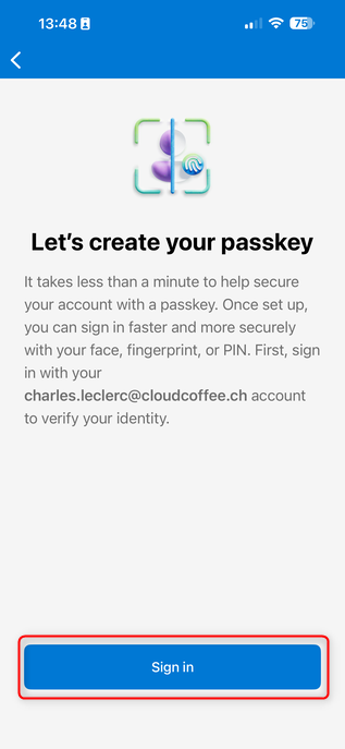 Microsoft Authenticator passkey setup screen prompting sign in to create a passkey for Microsoft Entra